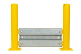 Stootpaal 114x3,6x750 mm. op voetplaat geel v.v. lippen (t.b.v. bovenkant rail 350 mm)